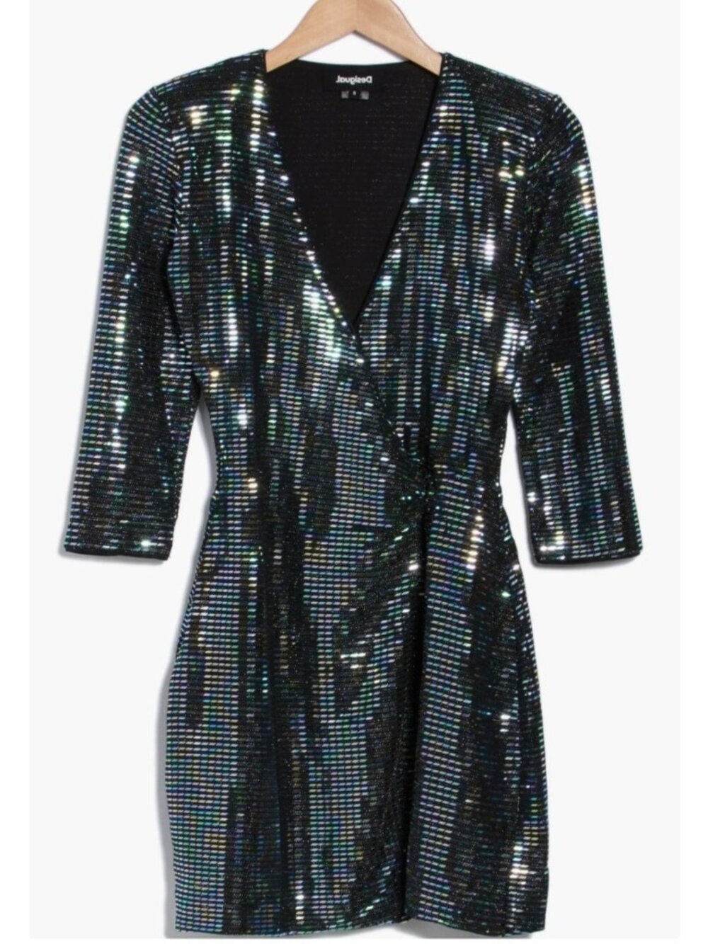 Desigual Glitter Metallic Mini Dress Body-con Black V-Neck Size Large L NEW